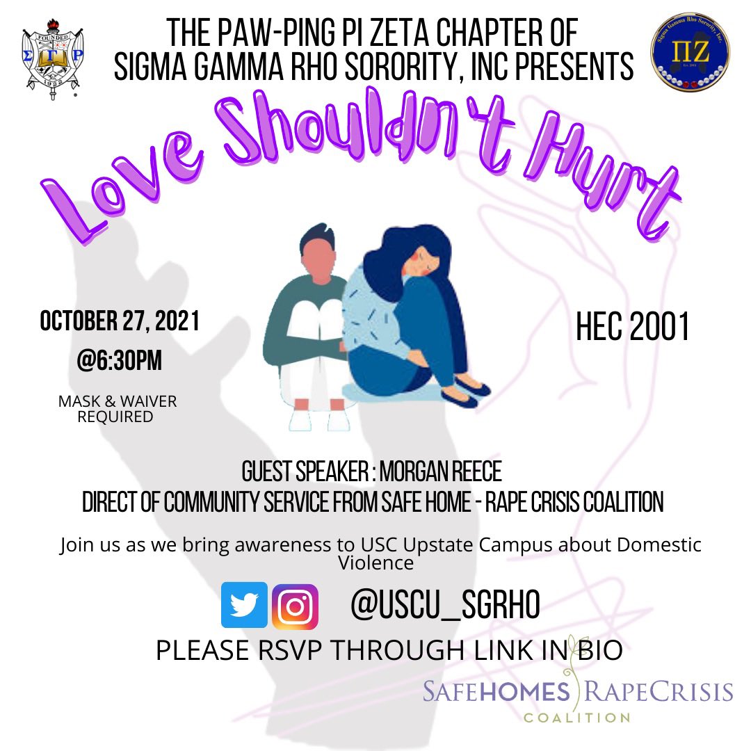 uscu_sgrho's tweet photo. Love has many characteristics but Love Shouldn’t Hurt 😢. Join the Pi Zeta Chapter of Sigma Gamma Rho Sorority , Inc on October 27th as we along with our guest speaker spread awareness and prevention on domestic violence 💛💙💜
#uscu25 #uscu24 #uscu23 #uscu22 https://t.co/jiIVvUXZcG