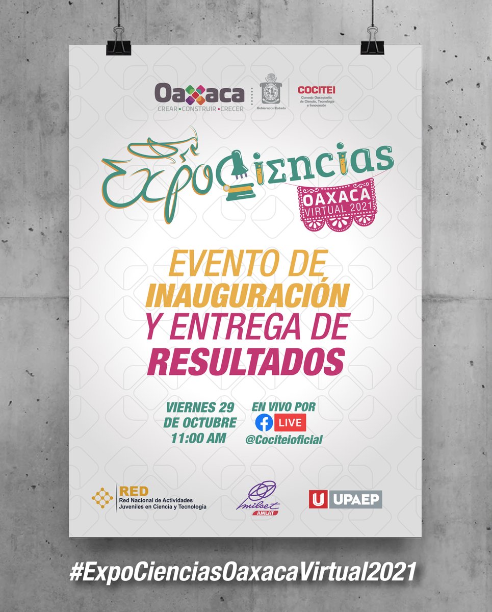 #TomaNota
Faltan 4 días para la entrega de resultados de #ExpoCienciasOaxacaVirtual2021, más de 80 proyectos en competencia buscando un lugar en #ExpoCienciasNacional. 
¡No te lo puedes perder! Este viernes 29 de octubre a las 11 h. por Facebook live Cocitei Oficial. 👩‍🔬👩‍🏫