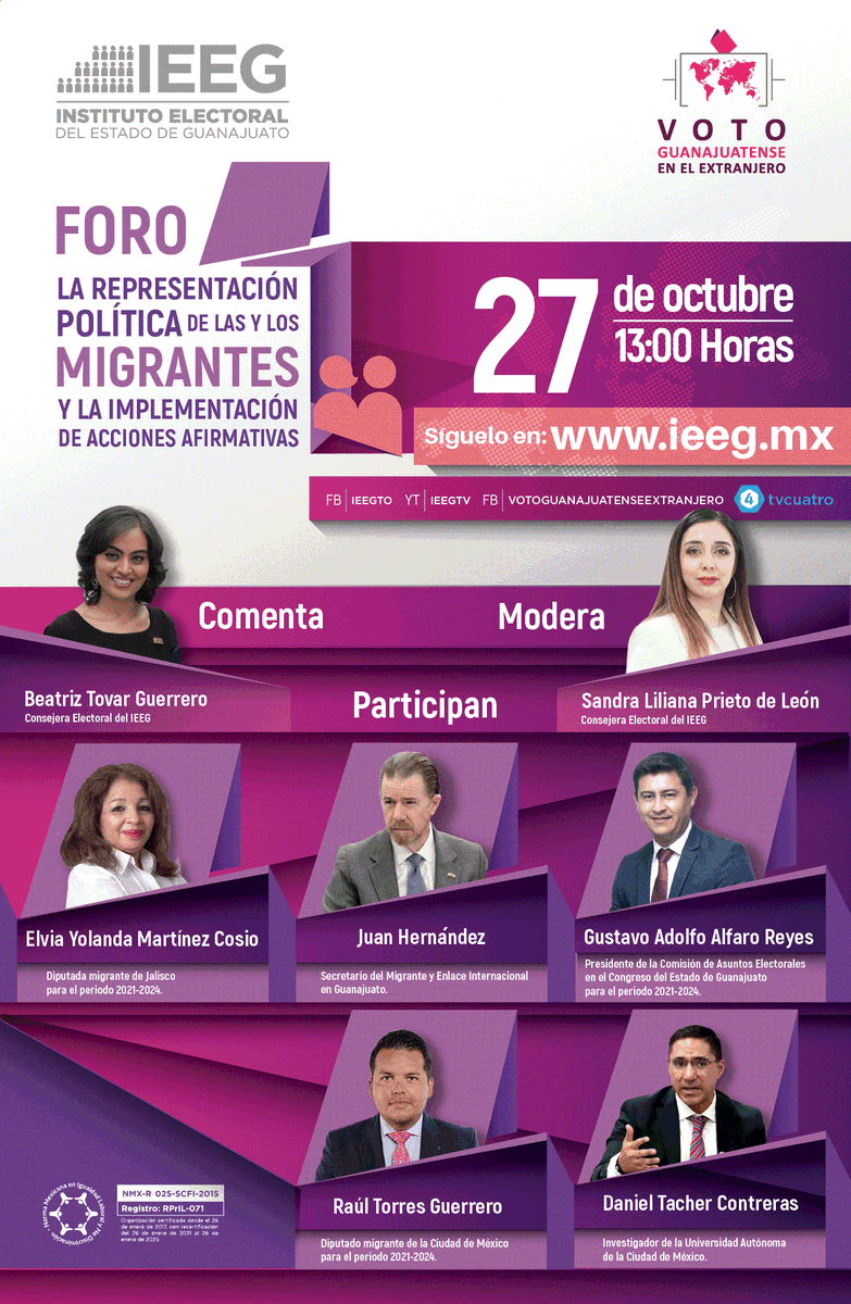 V_ExtranjeroGto's tweet photo. 🗳️ ¡No lo olvides! Acompáñanos en el Foro: ‘La representación política de las y los migrantes y la implementación de acciones afirmativas’. #GuanajuatoEsMiDecisión

📅 Miércoles 27 de octubre
⏰ 13:00 horas 
📱 Transmisión en vivo por @IEEG | @V_ExtranjeroGto | @tv4guanajuato https://t.co/SUKLOlf0Ig