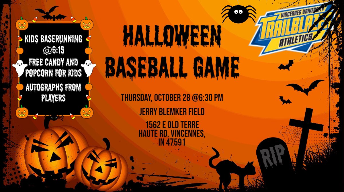 VincennesBSB's tweet photo. Game 2 of the Steak and Hot Dog World Series is the Halloween Game! Come out in your costumes and watch our guys compete in their own costumes! https://t.co/2Dm10SGLKT