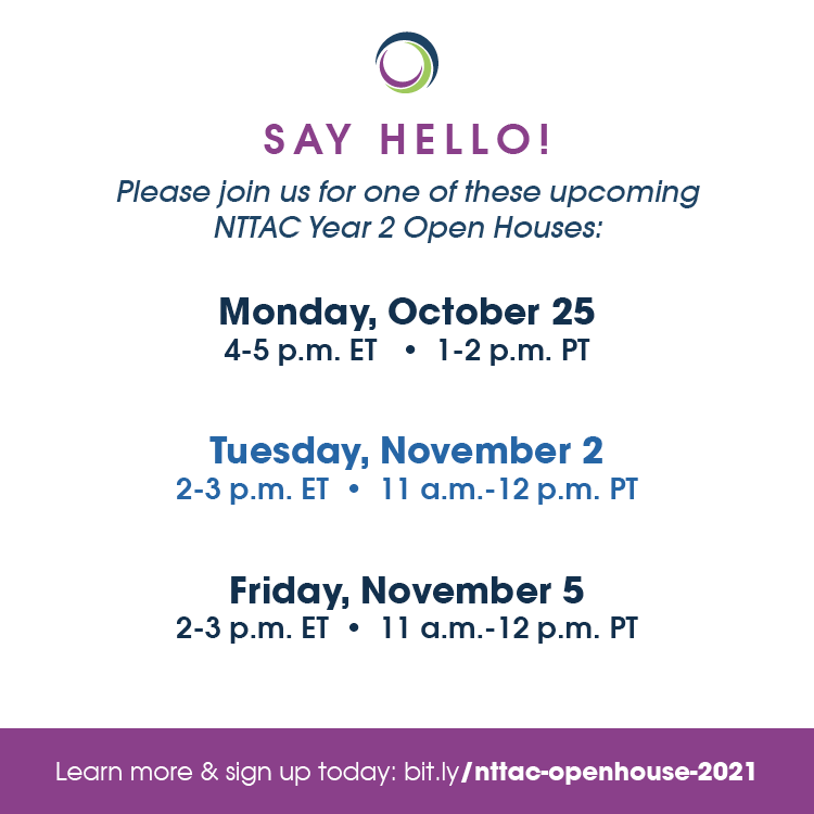 nttac_mh's tweet photo. Welcome to Year 2 of NTTAC!

We'll be hosting our first of 3 virtual open houses TODAY &amp; you're invited! Get an overview of our resources &amp; services available, as well as a preview for Year 2.

Join us! https://t.co/yHZ4KIQ7nO https://t.co/UsH3ds2k2s