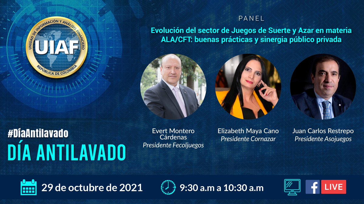 UIAFColombia's tweet image. Grandes líderes del sector de Juegos de Suerte y Azar nos acompañarán este 29 de octubre en el marco del #DíaAntilavado explicando las buenas prácticas para blindar la economía de los flujos financieros ilícitos. Con @Fecoljuegos @Cornazar2 @AsojuegosCol @ColjuegosCo