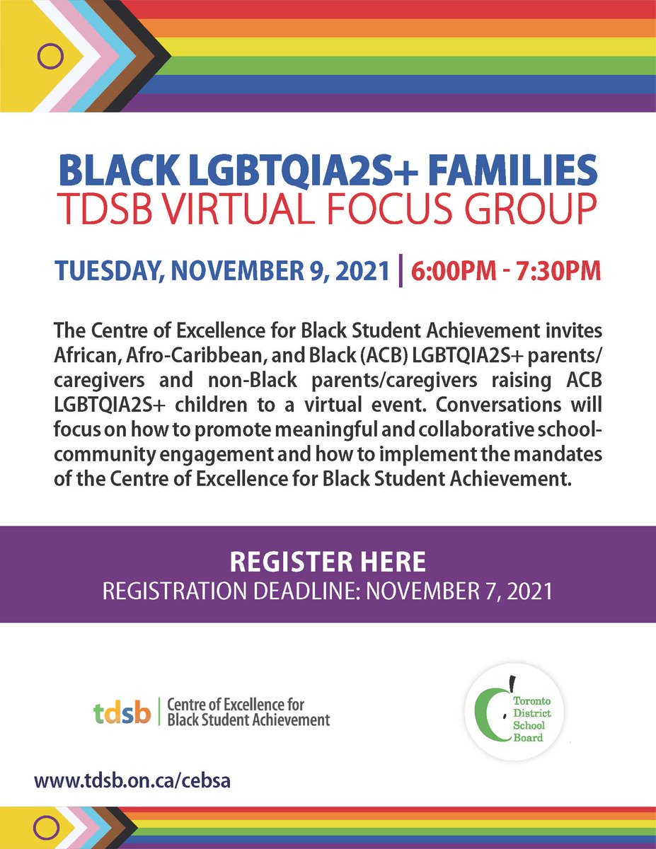 Centre of Excellence for Black Student Achievement (@tdsb_cebsa) on Twitter photo Virtual conversations with LGBTQIA2S+ families & caregivers are Nov 9 from 6 - 7:30 pm. Visit bit.ly/3lni7AI for more details & a list of upcoming sessions with the Centre of Excellence for Black Student Achievement.
<a href="/tdsbgsanetwork/">TDSB GSA Network</a> <a href="/tdsb/">Toronto District School Board</a> <a href="/tdsb_cebsa/">Centre of Excellence for Black Student Achievement</a>
#tdsbcebsa #tdsb Virtual conversations with LGBTQIA2S+ families & caregivers are Nov 9 from 6 - 7:30 pm. Visit bit.ly/3lni7AI for more details & a list of upcoming sessions with the Centre of Excellence for Black Student Achievement.
<a href="/tdsbgsanetwork/">TDSB GSA Network</a> <a href="/tdsb/">Toronto District School Board</a> <a href="/tdsb_cebsa/">Centre of Excellence for Black Student Achievement</a>
#tdsbcebsa #tdsb