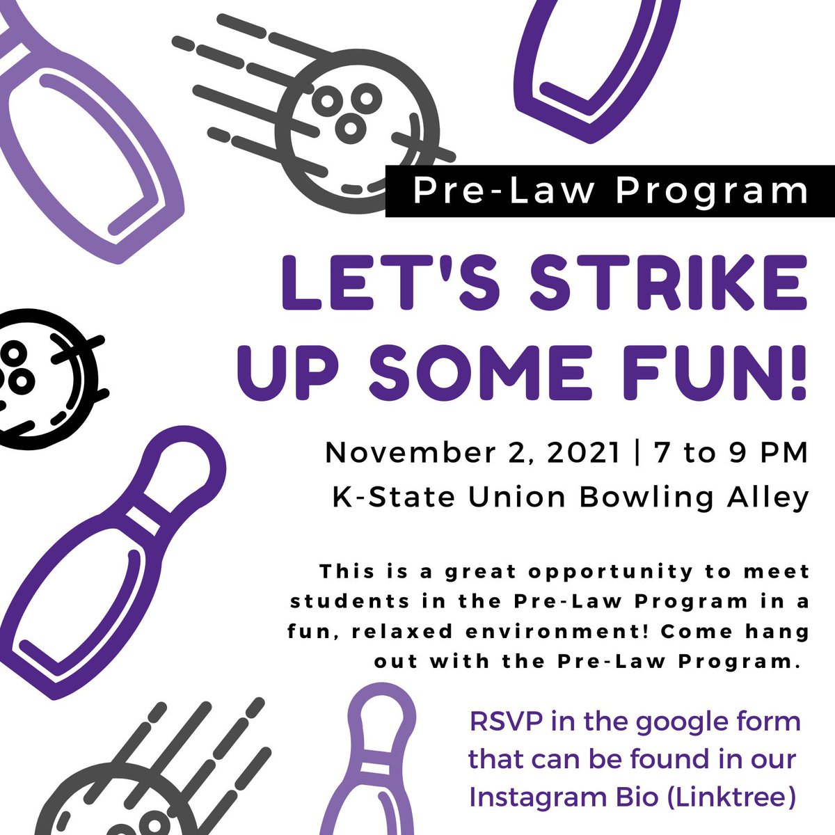 Join us for a fun, relaxed Pre-Law Social Event! Everyone is invited to come join the fun. We hope to see you there! The RSVP form can be found in our Linktree (in our Twitter and Instagram Bio). #prelaw #socialevent #hangout #bowling
