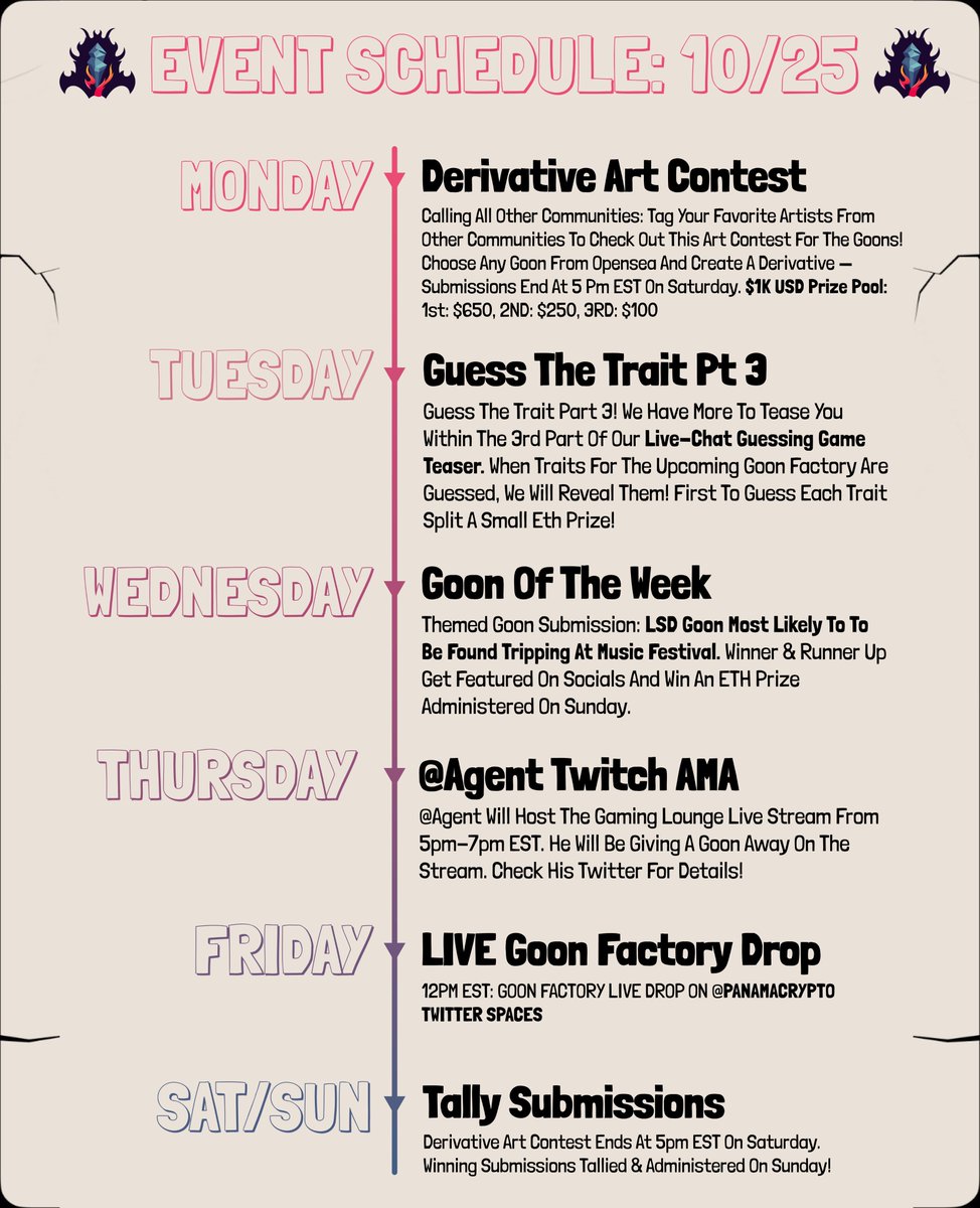 LFGoons's tweet photo. 🔥GOONS WEEKLY EVENT SCHEDULE🔥

Kicking off Monday with a brand new Goon derivative arts contest

Calling external communities and artists outside our Gooniverse

Join discord to submit in derivative-contest-submissions

$1000 USD prize pool

RT

#NFTArt #NFTCommunity #Goonsquad https://t.co/30Q5meOG3O