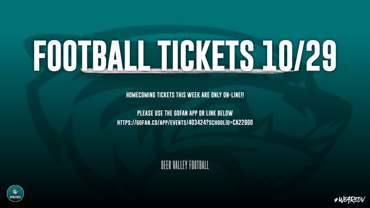 DVHS Athletics (@athleticsdvhs) on Twitter photo Homecoming game this week with <a href="/HeritagePats/">Heritage Athletics</a> will have ticket sales with <a href="/GoFanHS/">GoFan</a>. Use the link below or the App.
gofan.co/app/events/403β¦
<a href="/DV_Wolverine_FB/">Deer Valley Wolverine Football</a> <a href="/DeerValleyTV/">DVTV</a> <a href="/dv_wolverines/">DVHS Wolverines !</a> Homecoming game this week with <a href="/HeritagePats/">Heritage Athletics</a> will have ticket sales with <a href="/GoFanHS/">GoFan</a>. Use the link below or the App.
gofan.co/app/events/403β¦
<a href="/DV_Wolverine_FB/">Deer Valley Wolverine Football</a> <a href="/DeerValleyTV/">DVTV</a> <a href="/dv_wolverines/">DVHS Wolverines !</a>