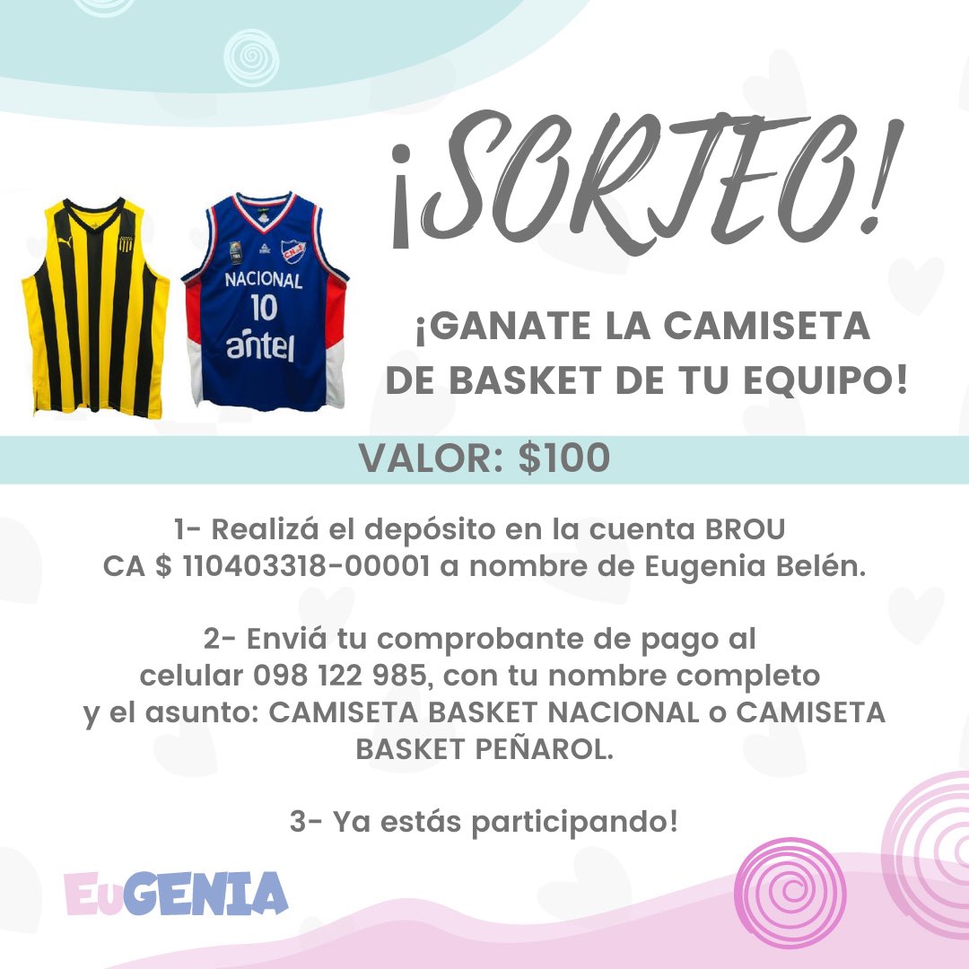 EugeSosGenia's tweet photo. 🌸SORTEO🌸

GANATE LA CAMISETA DE BASKET DE TU EQUIPO! 

•SORTEO: LUNES 1/11•

➤ NACIONAL:
Talle XL
No. 10 Moglia 
C/ sponsor 

➤ PEÑAROL:
Talle L
S/ número 
S/ sponsor 

Agradecemos a @CNdeFbasketball y @BasketCAPuy por la donación de camisetas para colaborar con #EuGENIA ♡ https://t.co/w3NlW5qjUE