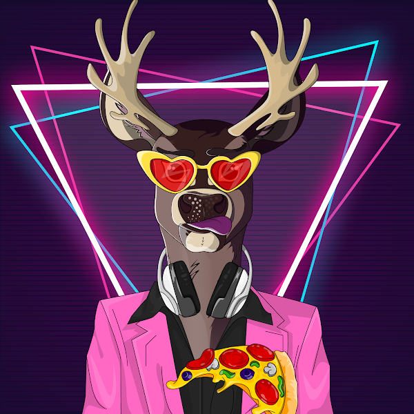 It's reveal time people!! Here's my first one! Who wants some Pizza? 
This is #11 Deerboy❤️🦌🚀
<a href="/RetrowaveDeer/">Retrowave Deer</a> 
#RetrowaveDeer #opensea #NFT #nftcollector #ETH