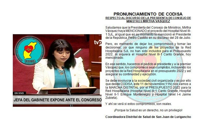 Hosp2Montenegro's tweet photo. Pronunciamiento de la Coordinadora Distrital de Salud de San Juan de Lurigancho, respecto al discurso de la Premier @MirtyVas
SJL pide ser incorporado en el presupuesto 2022 @PedroCastilloTe @HCevallosFlores @sigridbazan @danielfolivares @IndiraHuilca @MarisaGlave @IndiraHuilca https://t.co/qT6nYUf5ey