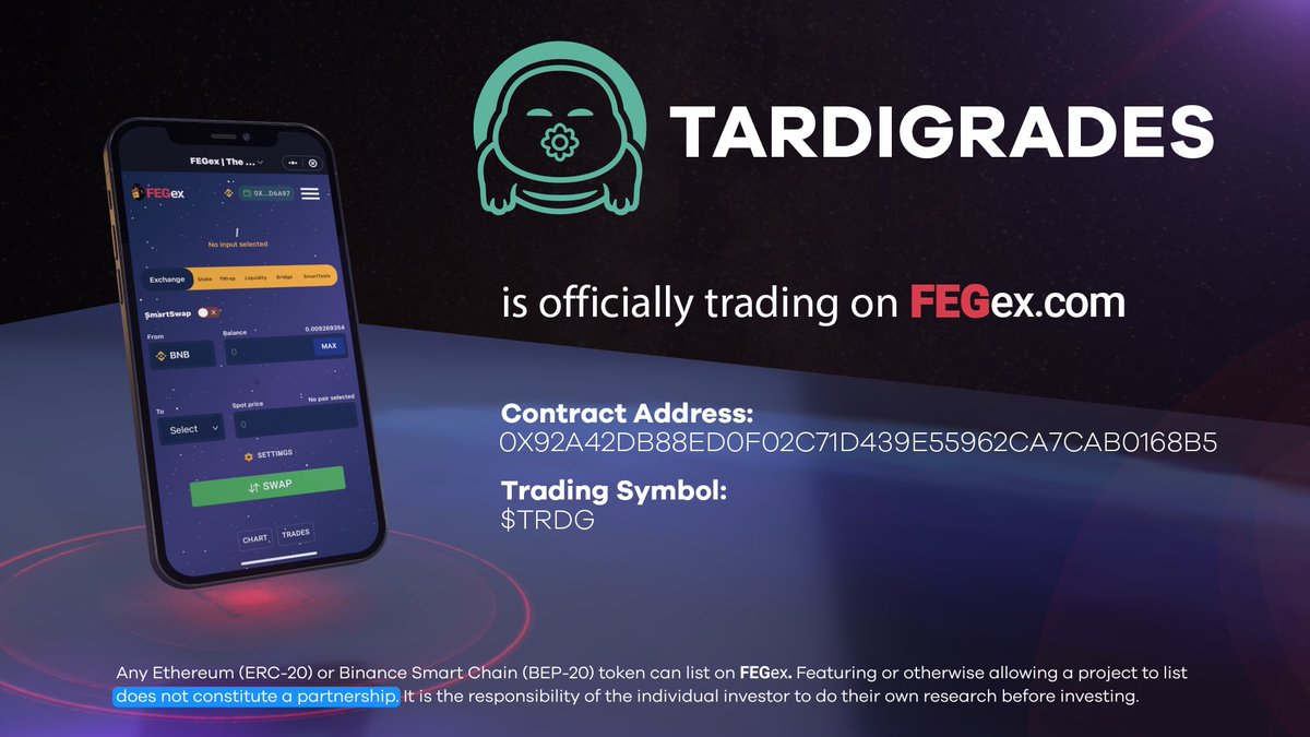 🎉 NEW #FEGex listing! FEG would like to extend a warm welcome to

<a href="/TRDGtoken/">TRDG 💧🐻</a> | #TRDG 
🚨NOW ON FEGex.com!

Thanks for accepting our invite to #ListOnFEGex! 😊

#SmartDeFi #BringingDeFiTogether #DeFi #crypto #BTC #ETH #ADA #BNB  #BSC  #Solana $FEG
