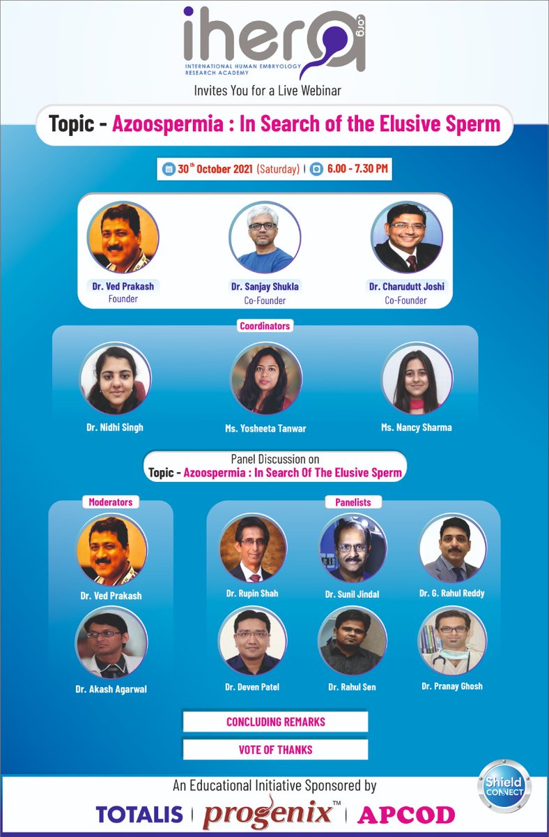 iHeraEmbryology's tweet photo. *iHERA Cordially invites you to attend the panel discussion on Azoospermia: In Search of the Elusive Sperm

 *Date* : Oct 30, 2021 
 *Day* : Saturday
 *Time* : 06:00 - 07:30 PM IST

 *Free Registration Link:* 
https://t.co/bHxBmLadl0 https://t.co/1xxSe2dtWH