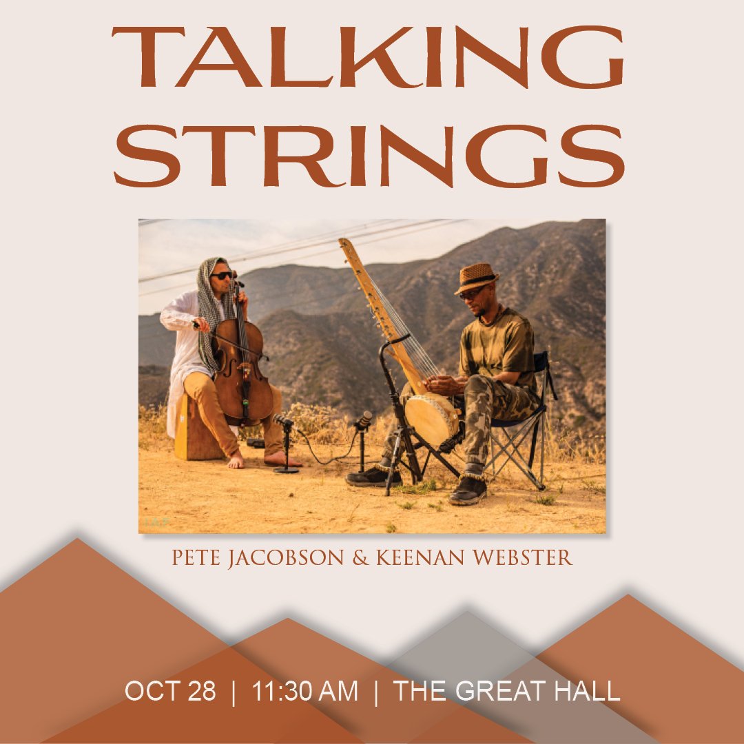 suuapex's tweet photo. On Thursday Oct. 28th we invite musical duo "Talking Strings" to join us on campus! 

Our first artist is Keenan Webster, who performs the 21 string kora.

His partner, Peter Jacobson is a grammy award winning cellist. https://t.co/wt6GXoAiuO