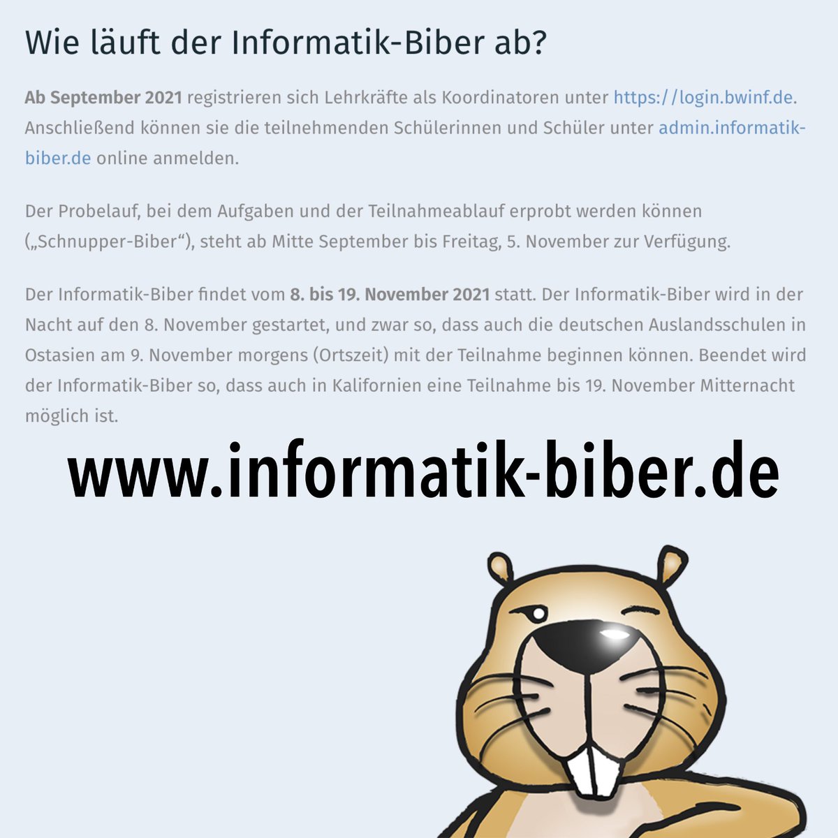 WettbewerbeHH's tweet image. Der #Informatik-Biber steht in den Startlöchern! Vom 8. bis 13. November können Schüler:innen der Klassen 3 bis 13 mitmachen. Jetzt informieren und anmelden: informatik-biber.de
#wettbewerb #informatikbiber #twlz #informatik #twitterlehrerzimmer