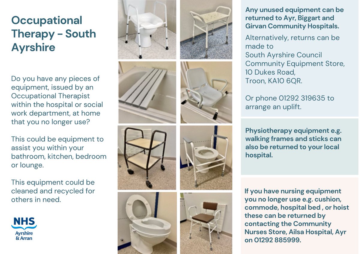 Do you have any pieces of equipment at home, that you no longer use, that were issued by an Occupational Therapist within our hospital or social work department?

This equipment could be cleaned and recycled for others in need. 

Details on returning these items are below.