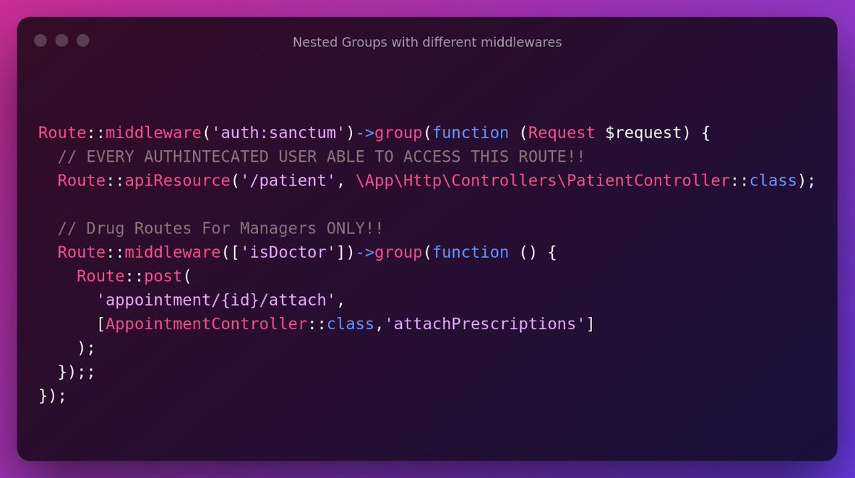 ZFayod's tweet photo. You can create group within a previous group with specific middlewares beside parent's middlewares !!
πβ
#laravel #tips #daily_tip #tips #development #php #developers #php_developers https://t.co/J6BMt5eed1