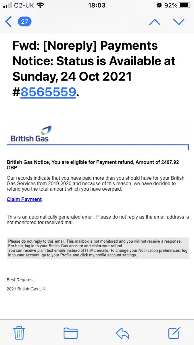 feeshan10's tweet photo. @BritishGas  both my daughter and I have received this email , please warn your customers about this scam https://t.co/61uLG1CBJL