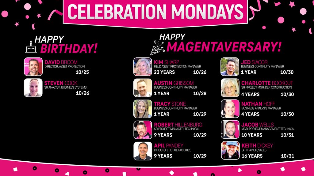 SamSindha's tweet photo. Wow! Look at all who are celebrating something special this week! 👏Congratulations to those with a birthday or Magentaversary! 🎉 Thank you for all that you do. #Celebration #NFO https://t.co/S3bRHquHJD