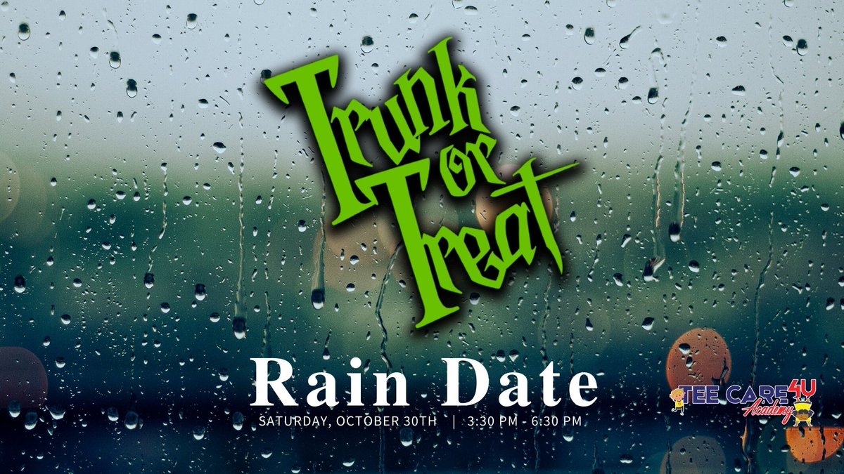We are watching the weather closely, & our Rain Date is Saturday, Oct. 30th, from 3:30 - 6:30 pm. We will provide our final decision on Thursday, October 28th on our accounts. 
Stay Tuned!
#TeeCare4U #trunkortreat2021 #raindate #specialeventannoucement #RVAdaycare #rvacommunity