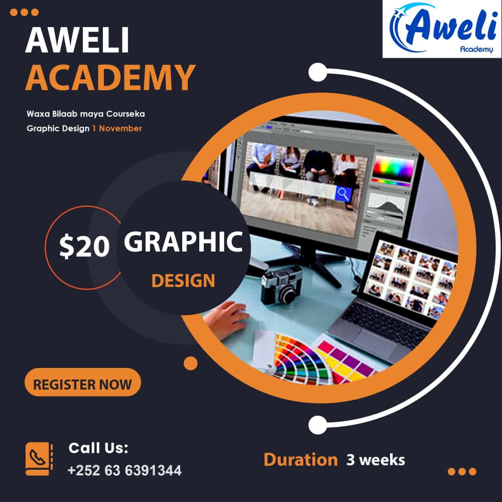 AweliAcademy's tweet photo. Aweli Academy waxay qadanysaa fasal cusub oo graphic design ah oo socon doona muddo kobaan 3 weeks oo qudha Casharadu waxay bilaabmi doonan 1st November 2021. Isdiwaangelintu wey socotaa Fadlan hore uso gaadh intayna ka buxsaamin.

 ● Waqtiga 6da Maqribnimo ila Salada Cishayi. https://t.co/bWHqfUeeUe