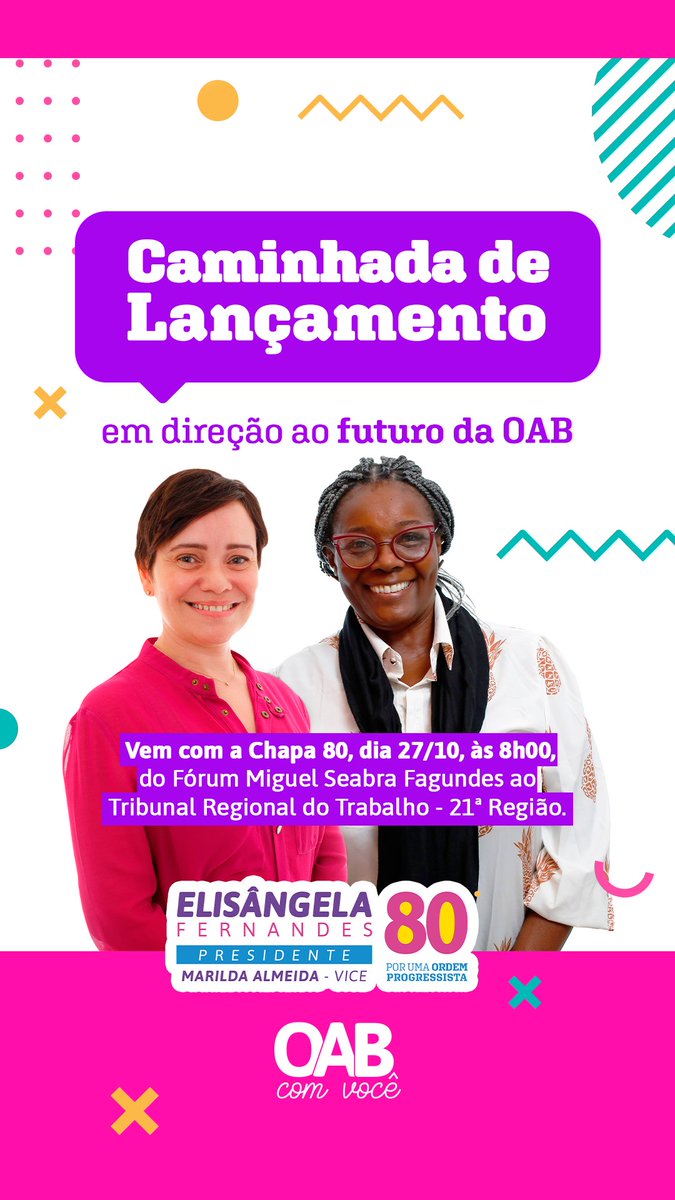 OABprogressista's tweet photo. lContamos com a sua participação! Aproveite pra convidar as colegas advogados e os advogadas! Vamos juntas, vamos juntos? 🤝😉 

🔹 Evento: Caminhada de lançamento Chapa 80 
🔹 Dia: 27/10 
🔹 Horário: 8h (concentração) | 8h30 (caminhada) https://t.co/hGsByYhr6c