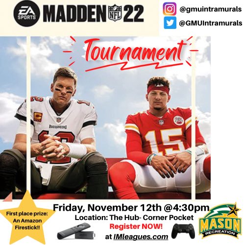 GMUIntramurals's tweet photo. REGISTRATION NOW OPEN!!🚩🚩 Billiards and Madden 22 tournaments are now open to sign up and join. Registration closes November 9th! #GMU #Madden22  #billiards #intramurals https://t.co/ARVWpsIbTg