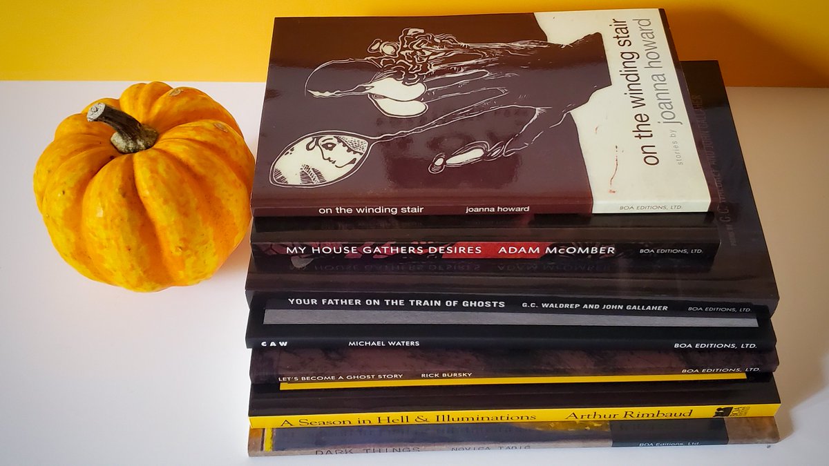 boaeditions's tweet photo. A lil spooky book selection is up now on the BOA Blog! 

Ft. some old and new BOA titles by @DustinKPearson, @RickBursky, @adam_mcomber, Arthur Rimbaud, G. C. Waldrep, and more! 👻

https://t.co/K7aW6jO4R0 https://t.co/2WwSNoSmNE