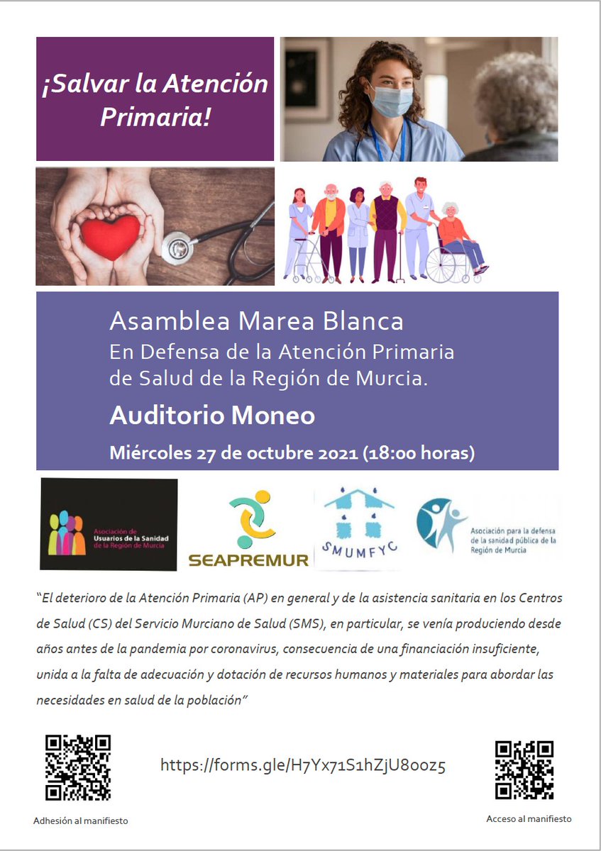 LA SOCIEDAD MURCIANA DE MEDICINA FAMILIAR Y COMUNITARIA se adhiere a este Manifiesto:
✅Por dignidad profesional y laboral
✅ Por el bien de la Atención Primaria: por los profesionales, por los pacientes, por las familias de las comunidades y los territorios en los que trabajamos