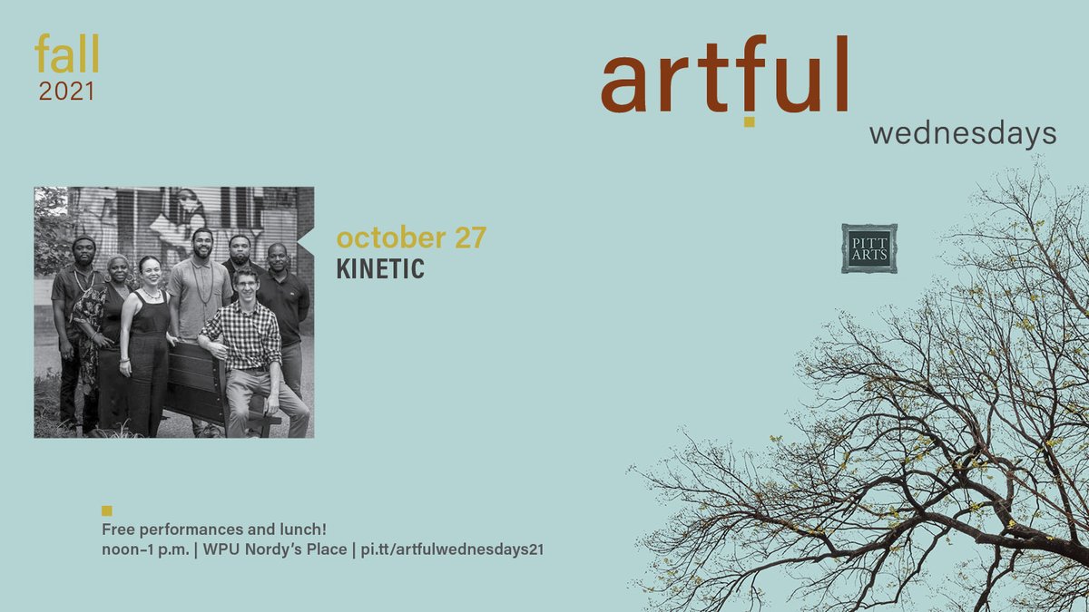 PittSutherland's tweet photo. Is that pollen in the air? No, you're tearing up because of the spellbinding tunes from the jazz folk world fusion ensemble, Kinetic. This Wednesday, hear them in person at Nordy's Place (WPU) from noon to 1pm! Free lunch for all Pitt students! @pittarts2pitt https://t.co/z0q9oGCUqc