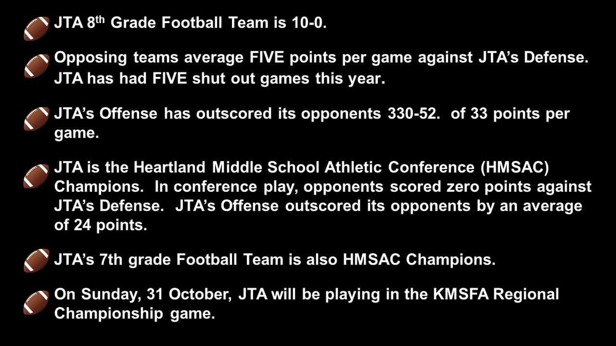 DivaofDSTinc's tweet photo. @JTA_AthleticDep Football Team has put up some amazing stats this year. Can’t wait to see what they do this Sunday in the #KYMSFA Regional Championship Game. 

@OfficialKYMSFA @TheNESports2 @RLunz10 @tykerian2 @TheJDWhaley @BearCarter42  @nolimit_noel @JTA_MidSch https://t.co/n2j40Ww5ky