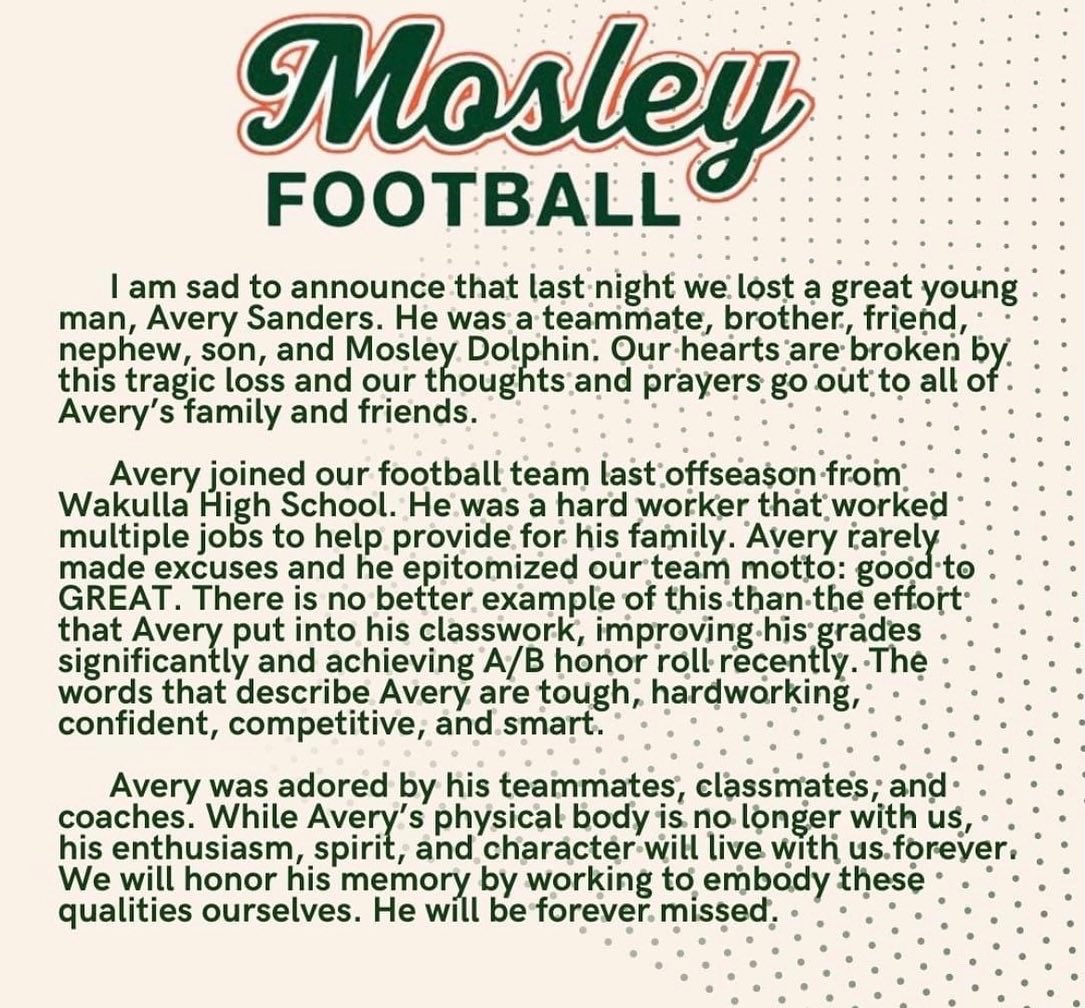 MosleyDolphinFB's tweet photo. Avery Sanders 01/03/2004 - 10/24/2021
Rest in Peace
#LL44 

Please donate to the link below to help support Avery's family during this difficult time: https://t.co/cbU8Qi1RFu https://t.co/z9mcKZrzyR