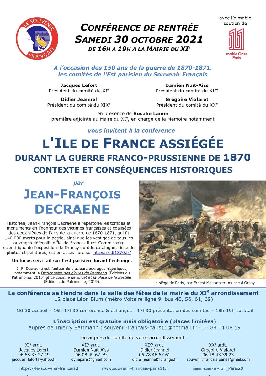Voici 150 ans, une invasion a renversé l'Empire et affermi la République. Vous la connaissez ? Samedi 30 octobre en @mairiedu11, nous vous invitons, les 4 comités de l'est parisien du #SouvenirFrancais, à une passionnante conférence sur la guerre de 1870.

@SF_Paris11 <a href="/SF_Paris20/">Souvenir Français Paris 20</a>