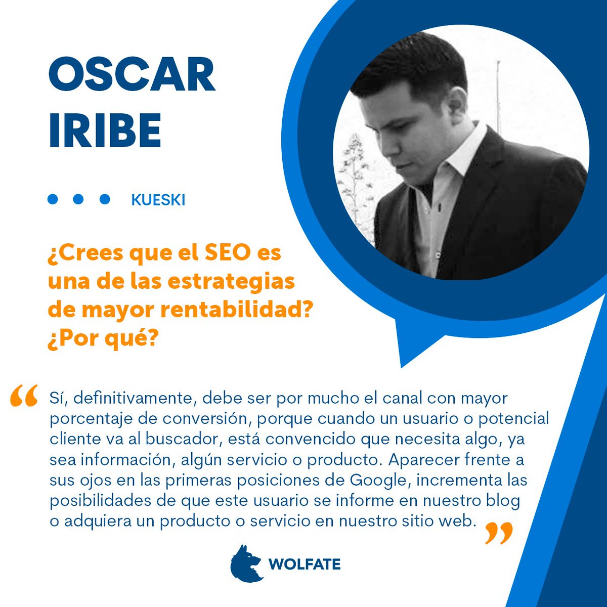 WolfateAgency's tweet photo. Oscar Iribe, SEO Specialist en Kueski, argumenta que el SEO es por mucho el canal con mayor porcentaje de conversión, pues cuando el usuario va al buscador, está convencido de necesitar algo como información o producto. Lee su aportación completa en: https://t.co/tEnxiMdm0T https://t.co/06fepq7BIo