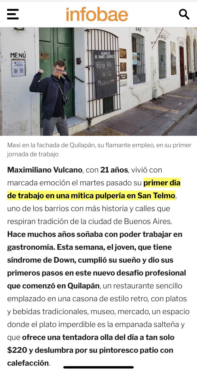 📍Compartimos la nota a Maxi Vulcano, egresado del Curso, quién consiguió su primer trabajo en una pulpería en San Telmo.

infobae.com/tendencias/202….  <a href="/infobae/">infobae</a> 

FELICITACIONES MAXI !!! 👏🙌