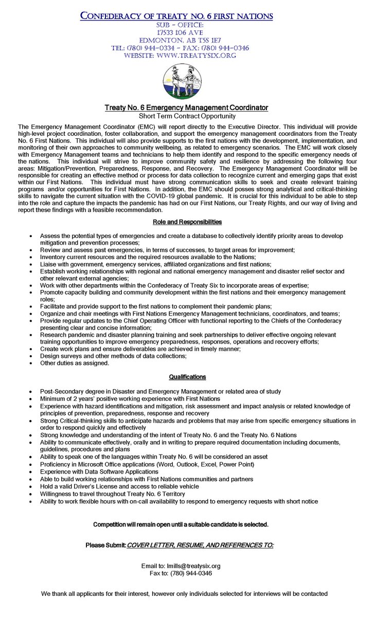 #JobOpportunity 
We are looking to fulfill the role of an Emergency Management Coordinator on a short term contract opportunity.
Details in poster below or by visiting: treatysix.org/careers #Treatysix