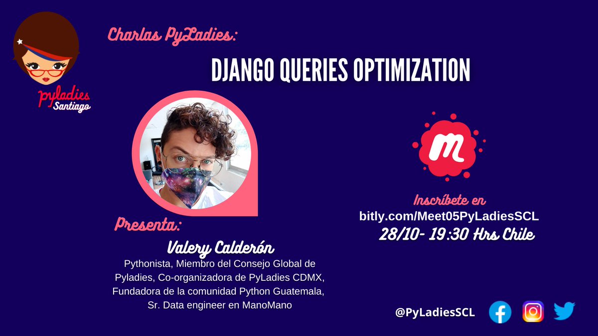 📢¡Hola comunidad Pyladies!
Les invitamos a nuestro Meetup de Octubre donde tendremos como invitada a <a href="/valerybriz/">ValeryBriz She/Her 🐘</a> con un tema muy interesante sobre:

“Django Queries Optimization”

 🗓️Jueves 29 de Octubre
 ⏰19:30 Hr Chile

Enlace al Meetup👇
bitly.com/Meet05PyLadies…

#PyLadiesSCL