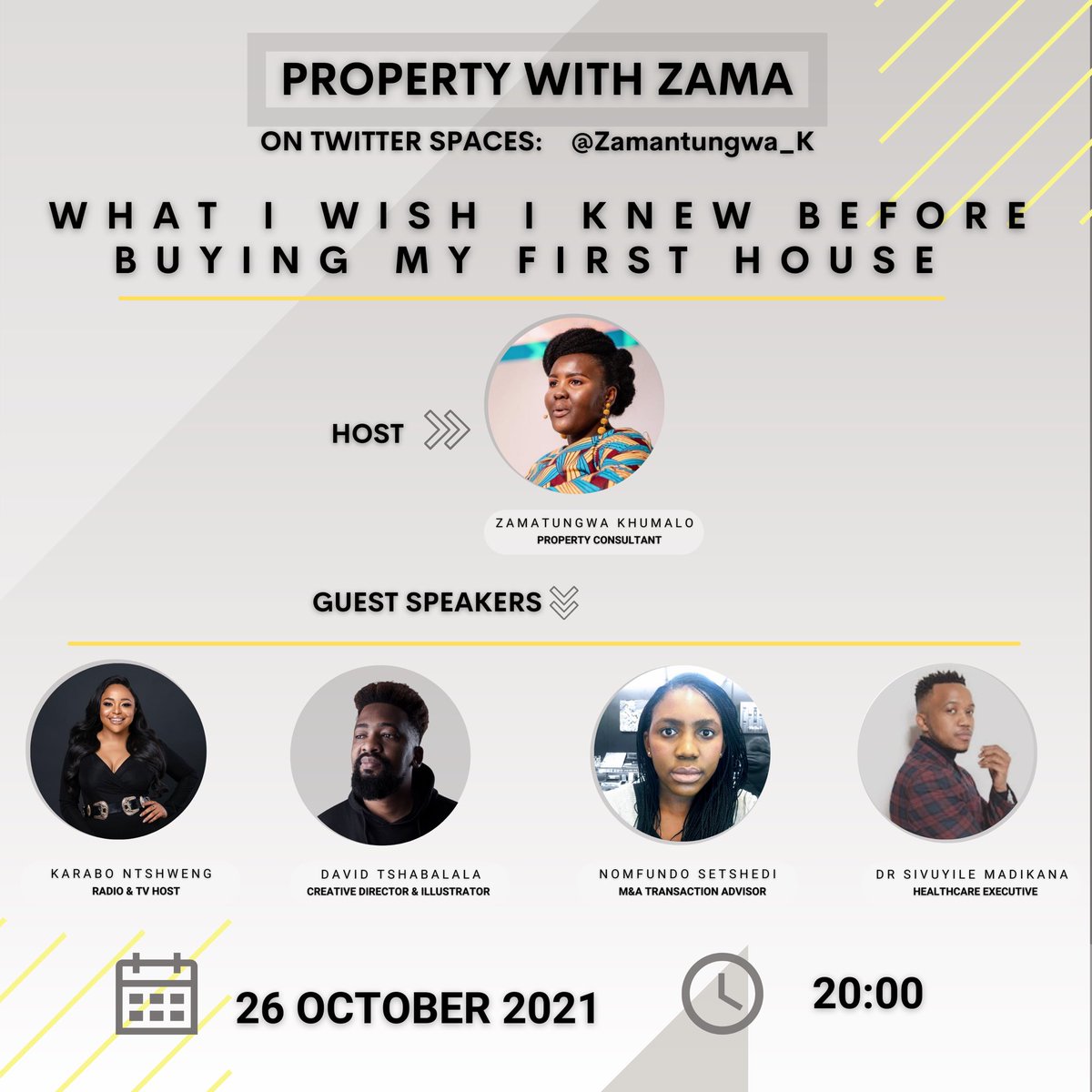 If I knew then what I know now about property, I would’ve done izinto SOOO differently!

Join me tomorrow for the second installment of #PropertyWithZama with guests <a href="/KaraboNtshweng/">Karabo Ntshweng</a> <a href="/Knowmeee/">Nomi</a> @thesivu <a href="/SlayingGoliath/">David Tshabalala</a> 

🔗 x.com/i/spaces/1ZkKz… 

Set your reminders for 8PM! 🏡