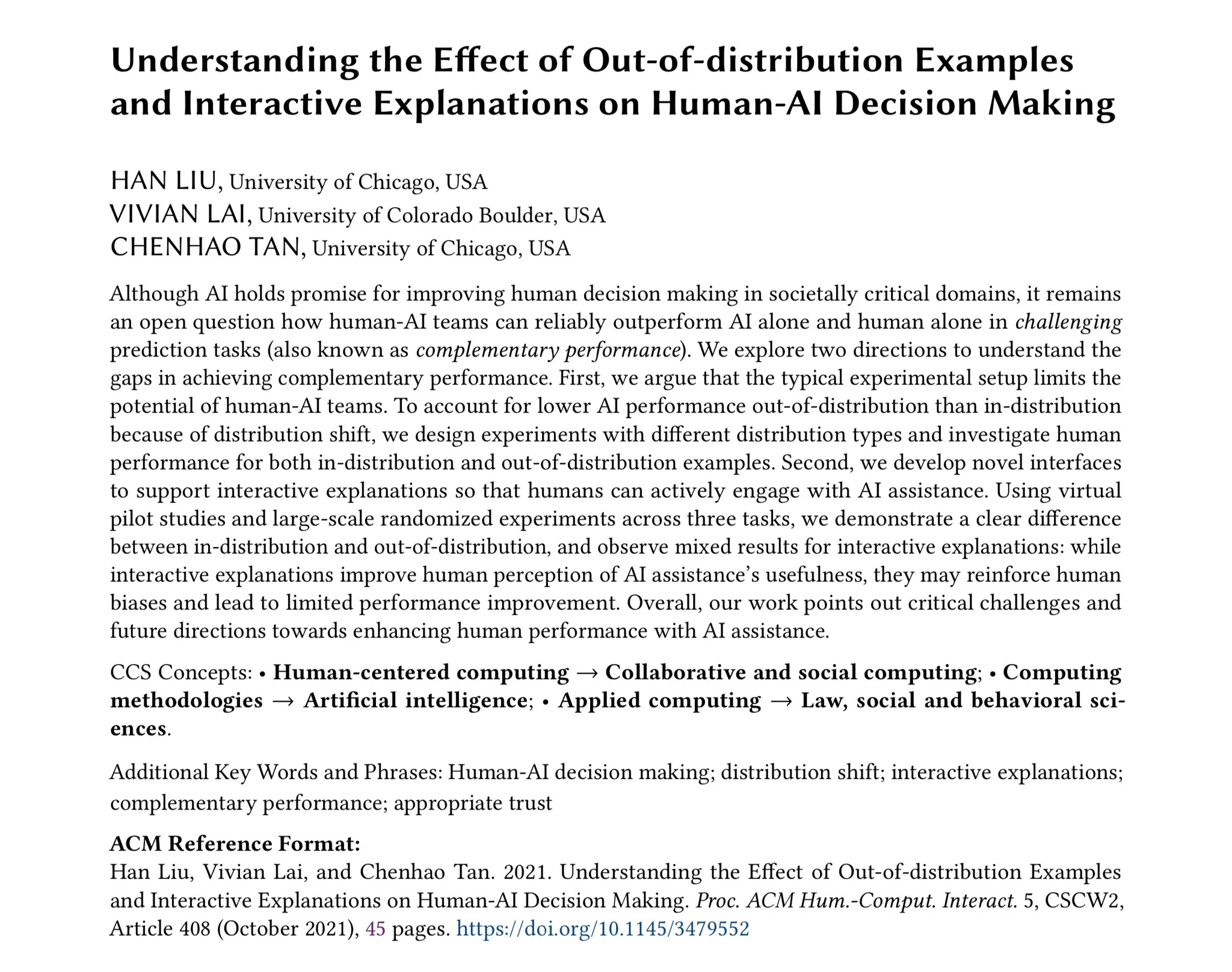 Abstract of the paper: Understanding the Effect of Out-of-distribution Examples and Interactive Explanations on Human-AI Decision Making