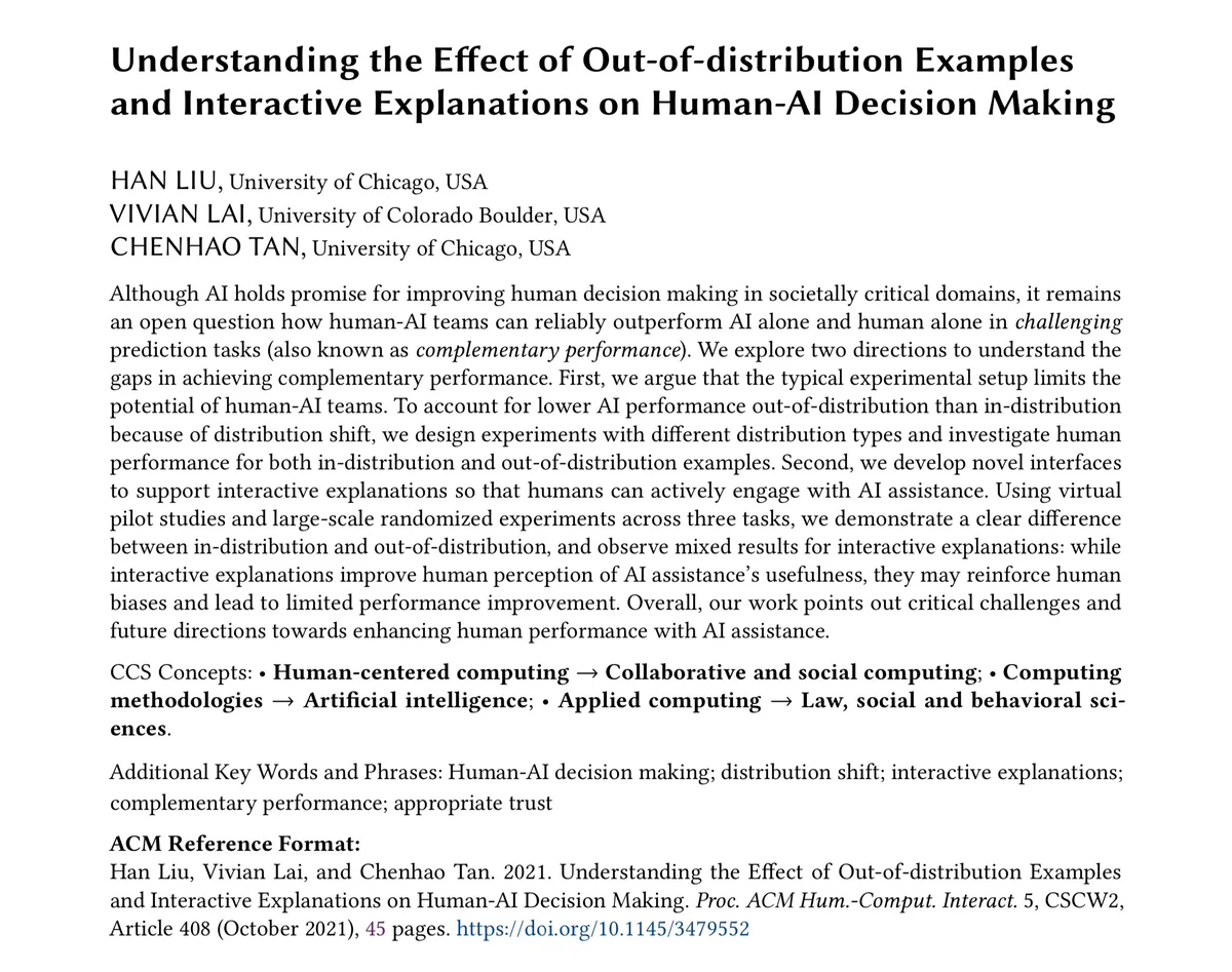 Abstract of the paper: Understanding the Effect of Out-of-distribution Examples and Interactive Explanations on Human-AI Decision Making