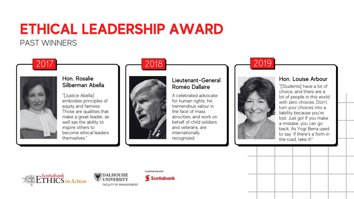dalethics's tweet photo. The @scotiabank Ethical Leadership Award recognizes ethical leaders who, through their actions and decisions, have demonstrated character, courage and adherence to ethical principles. 

View our previous winners here https://t.co/x7We31kqrV https://t.co/ejtH8oRVY5