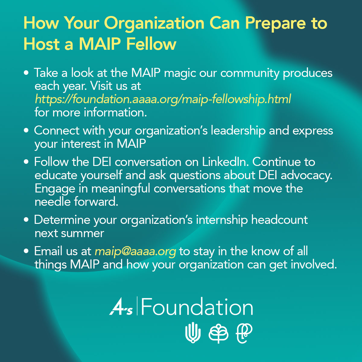 MAIP's tweet photo. The MAIP 2022 Host application opens next month. Is your company interested in hosting a MAIP fellow next summer? If so, please email us at maip@aaaa.org to stay up to date on MAIP 2022 updates. Let’s #MAIPITHAPPEN! https://t.co/o95ogUQSKc