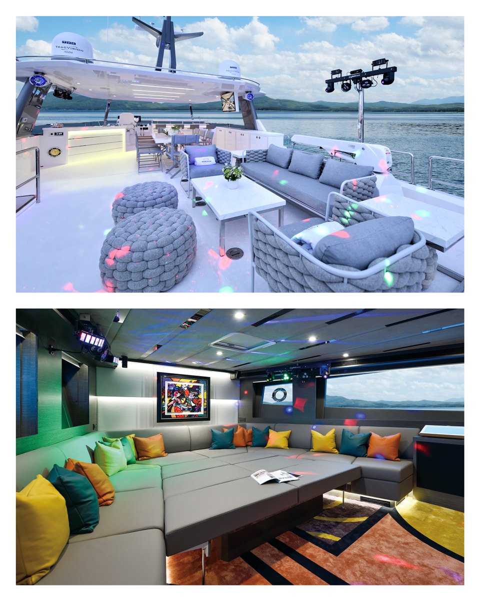 HorizonYachtUSA's tweet photo. It's Party Time!๐ค๐บ๐ This customized #FD75 features a unique interior, with the latest in sound and lighting and a spacious karaoke lounge fitted in the space normally reserved for the on-deck master stateroom. #DefineYourHorizon
See more: https://t.co/5xl3DoEvCI https://t.co/oQpvCPmDhN