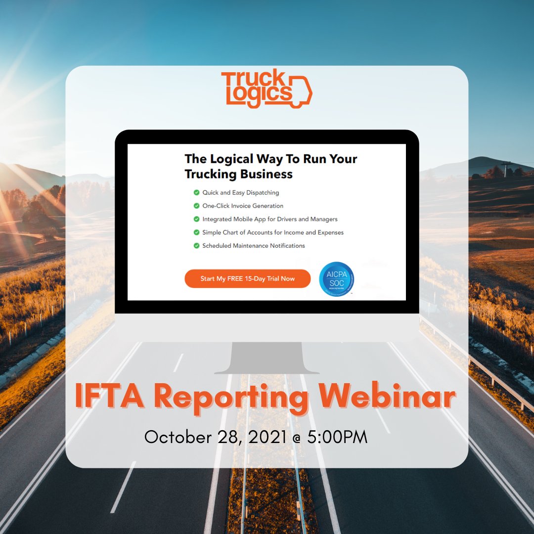 TruckLogics's tweet photo. The 3rd Quarter to file your IFTA is creeping up on us! 

Don't miss Thursday's Webinar on how TruckLogics can generate your IFTA report for you!

Register with the link in our bio. 😉

#webinar #trucking https://t.co/9weoqsj9CB