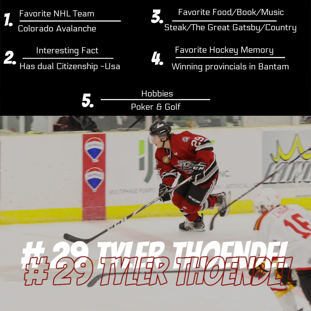 OilCapsHockey's tweet photo. Hey fans let’s get to know an Oil Cap!

 #29 Tyler Thoendel!! The 19 year old forward is in his second season with the Oil Capitals and currently has 4 goals and 4 assists so far this season! https://t.co/YDRi7wNLOk