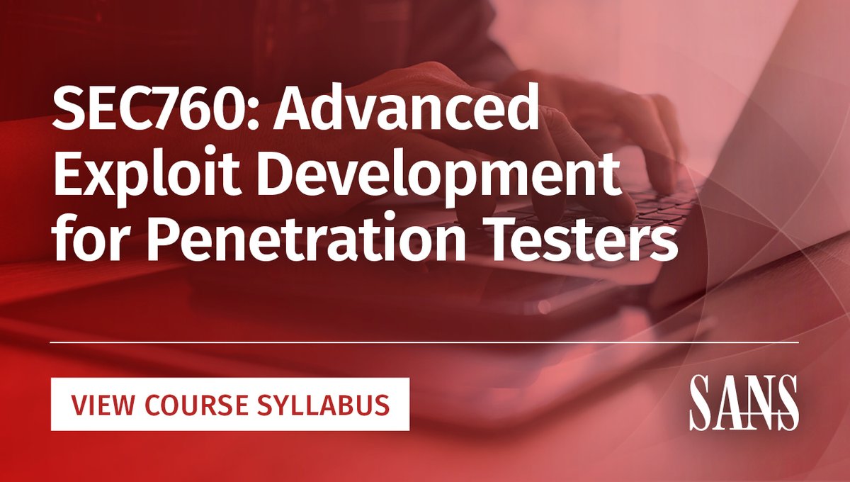 SANSInstitute's tweet photo. FREE Course Demo!
SEC760 teaches how to analyze patches for 1-day exploits and write complex exploits against modern software &amp; operating systems. Try the course demo to get a taste of SEC760 for yourself: https://t.co/m7wMpX5OqO

Learn more about #SEC760: https://t.co/7W6Q69MYWk https://t.co/l9ZwSe0hga