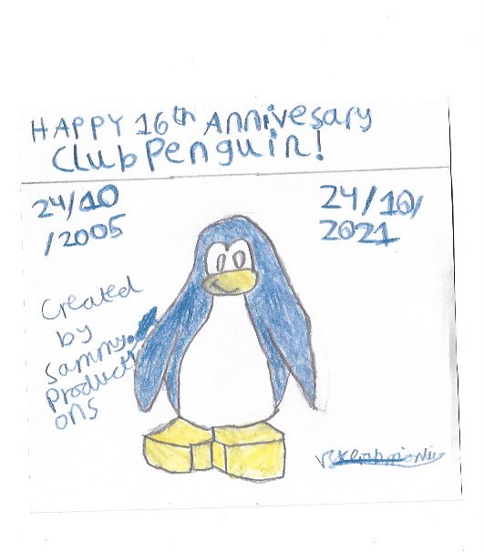 NivasSammy's tweet image. Happy Belated 16th Anniversary to Club Penguin! Here is my best attempt at drawing a cp penguin!😅 I also gave the cp penguin the original iconic colour from the game. Although, Club Penguin is no longer around, I would love to see it return in a new game form someday!