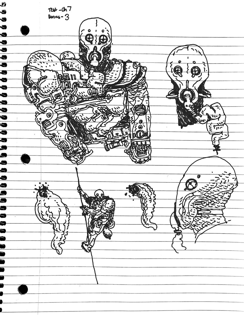 More college rule scribbles. I'm pretty happy with this gas mask design. 
