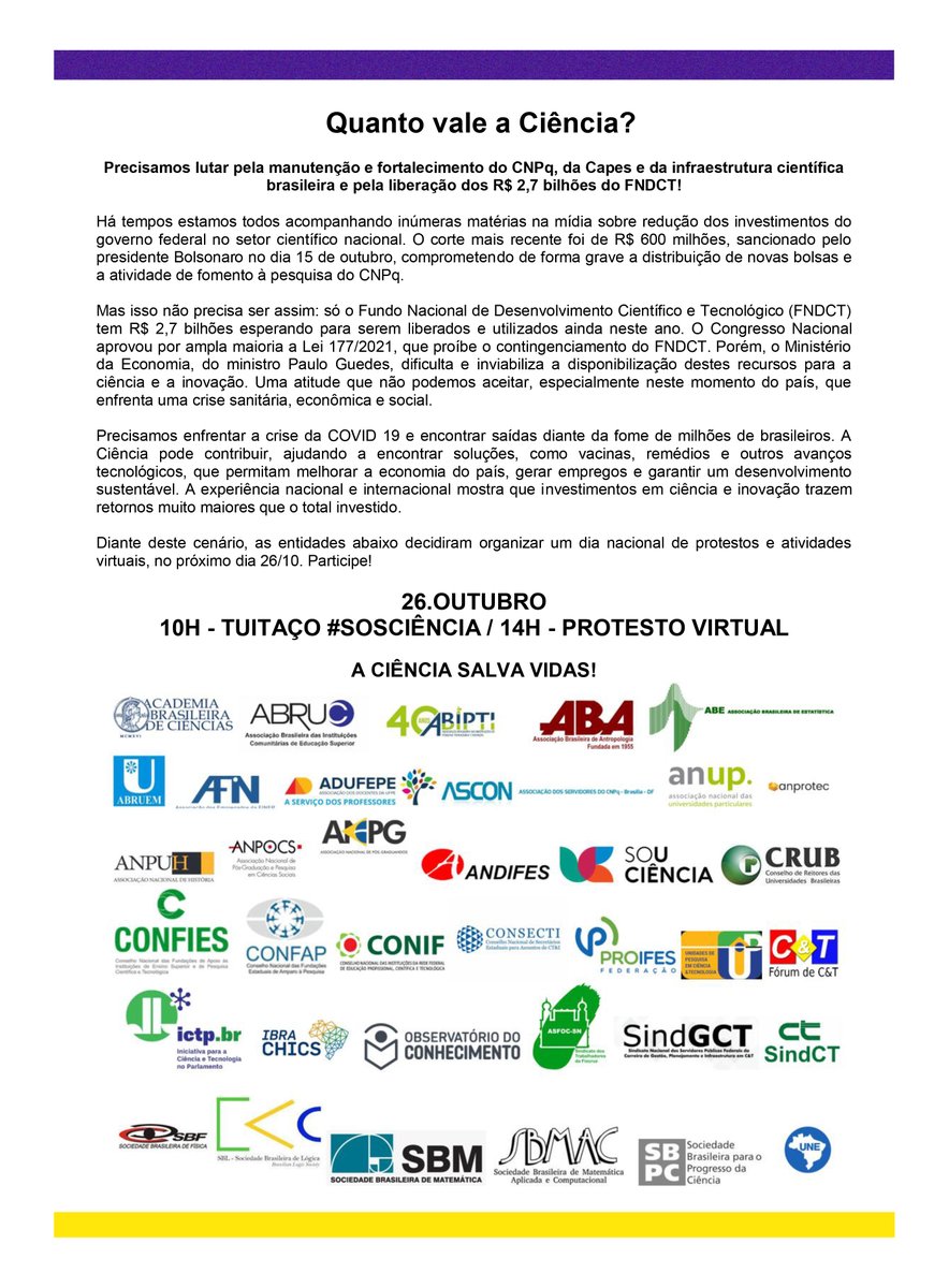SBPCnet's tweet photo. “Precisamos lutar pela manutenção e fortalecimento do @cnpq_oficial, da @capes_oficial e da infraestrutura científica brasileira e pela liberação dos R$ 2,7 bilhões do FNDCT”, afirmam as entidades acadêmicas e científicas em chamamento para a mobilização de amanhã! #SOSCIÊNCIA https://t.co/NUFEnZHlf5