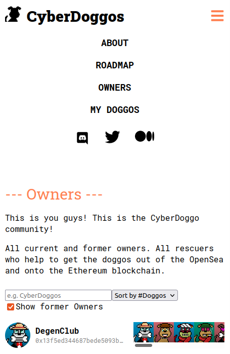 🛠️ WEBSITE UPDATE 🛠️

Reworked the menu and the 'owners' page for a better mobile experience. Check it out on cyberdoggos.io

#nft #nftcommunity #nftcollectors #opensea #website