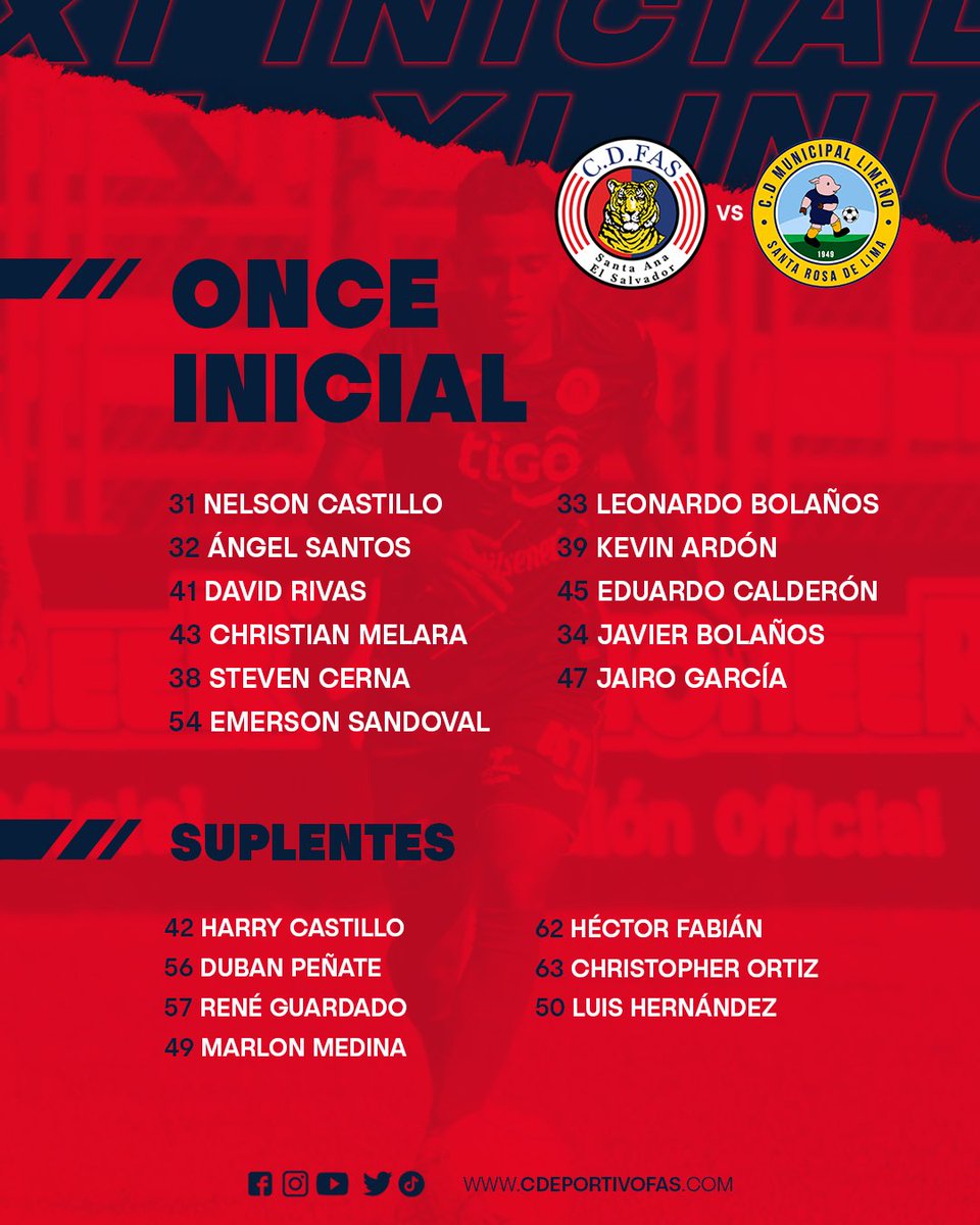 CDeportivoFAS's tweet photo. Esta tarde juega nuestra #ReservaFAS 🆚 Municipal Limeño.

Javier Bolaños nuevamente se une a la alineación de la Reserva que va en busca de la victoria en casa 🔴🔵

❗️El partido no podrá ser transmitido por problemas técnicos. 

#CDFAS #LMF #ElSalvador https://t.co/pgGGVm6xCT