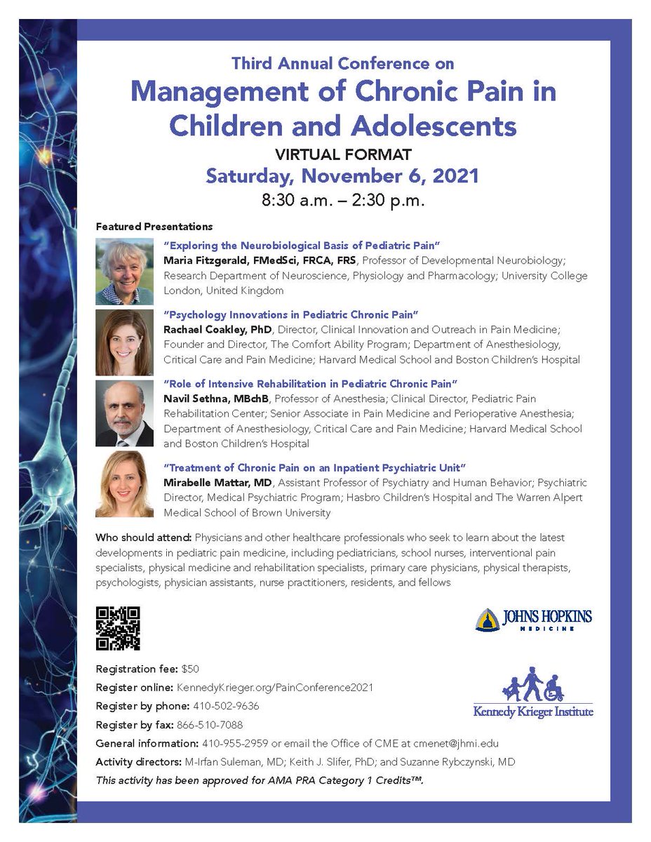 HopkinsCME's tweet photo. Third Annual Management of Chronic Pain in Children and Adolescents is less than 2 weeks away! This will be a single day virtual conference presented by keynote speakers as well as Johns Hopkins and Kennedy Krieger faculty and staff. Register here: https://t.co/z17eGbXNUy #JHCME https://t.co/qvxYZo4Ji3
